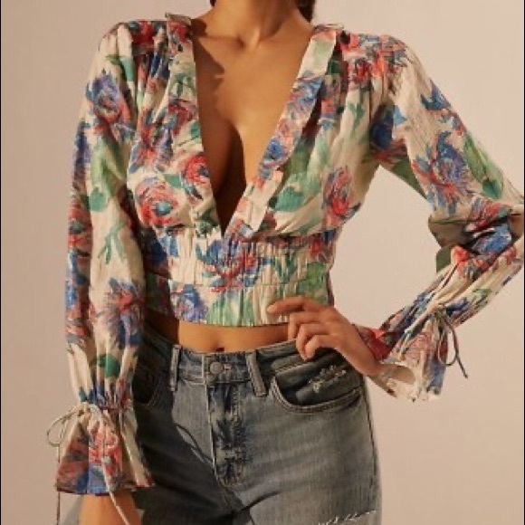 Anthropologie Tops - Anthropologie Long Sleeve Crop Top Deep V Neck NWT